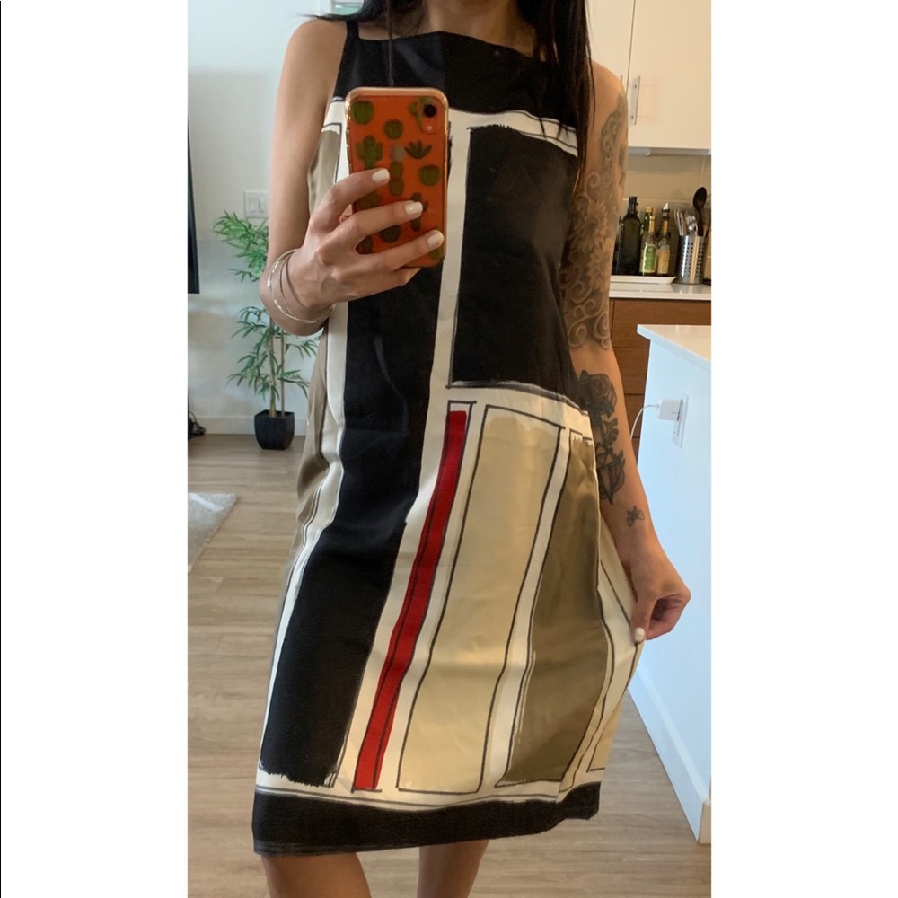 THEORY BLACK/WHITE BLOCK PATTERN SILK DRESS